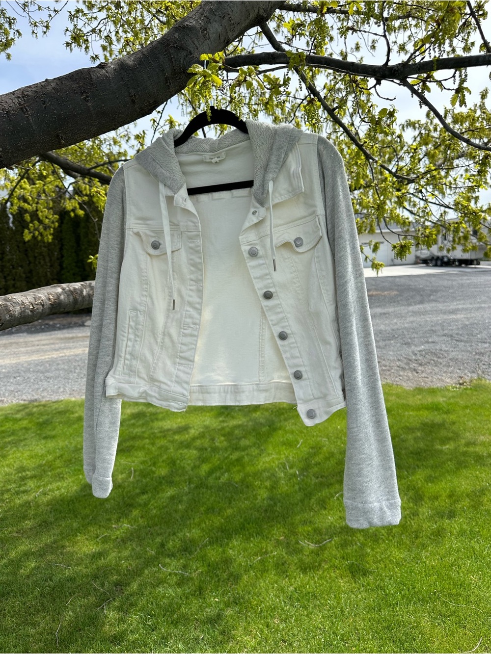 Maurices White Denim Jacket with Light Gray Hoodie Sleeves